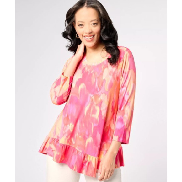 LOGO by Lori Goldstein Tops - LOGO Lori Goldstein Rayon 230 Peplum Ruffle Hem Boho Pink Orange Tunic Top 1X